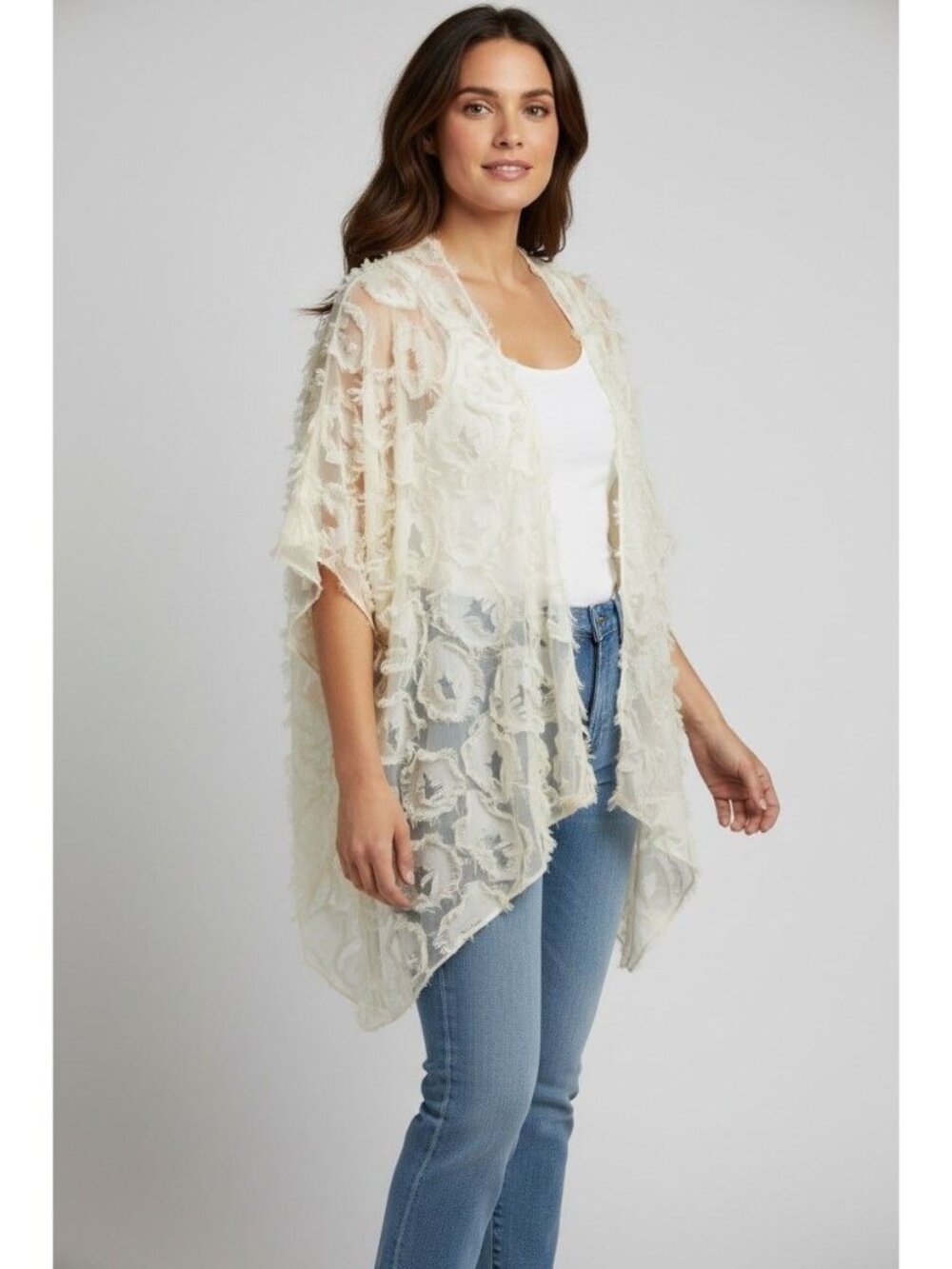 JC Sunny Sheer Peacock Feather Kimono Cream Eyelash One Size Shawl Wrap Western